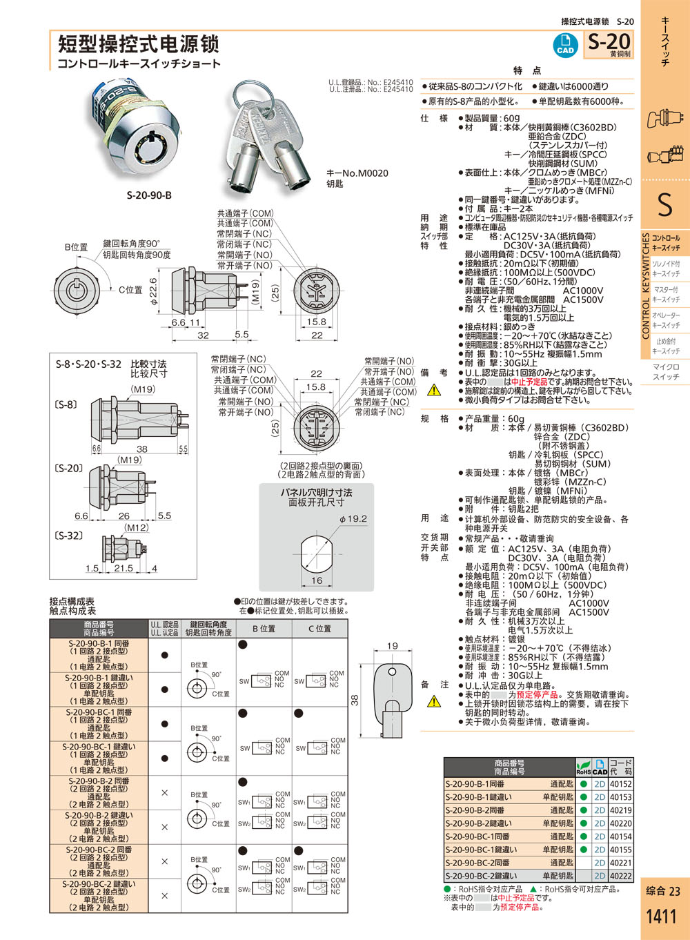 短型操控式电源锁