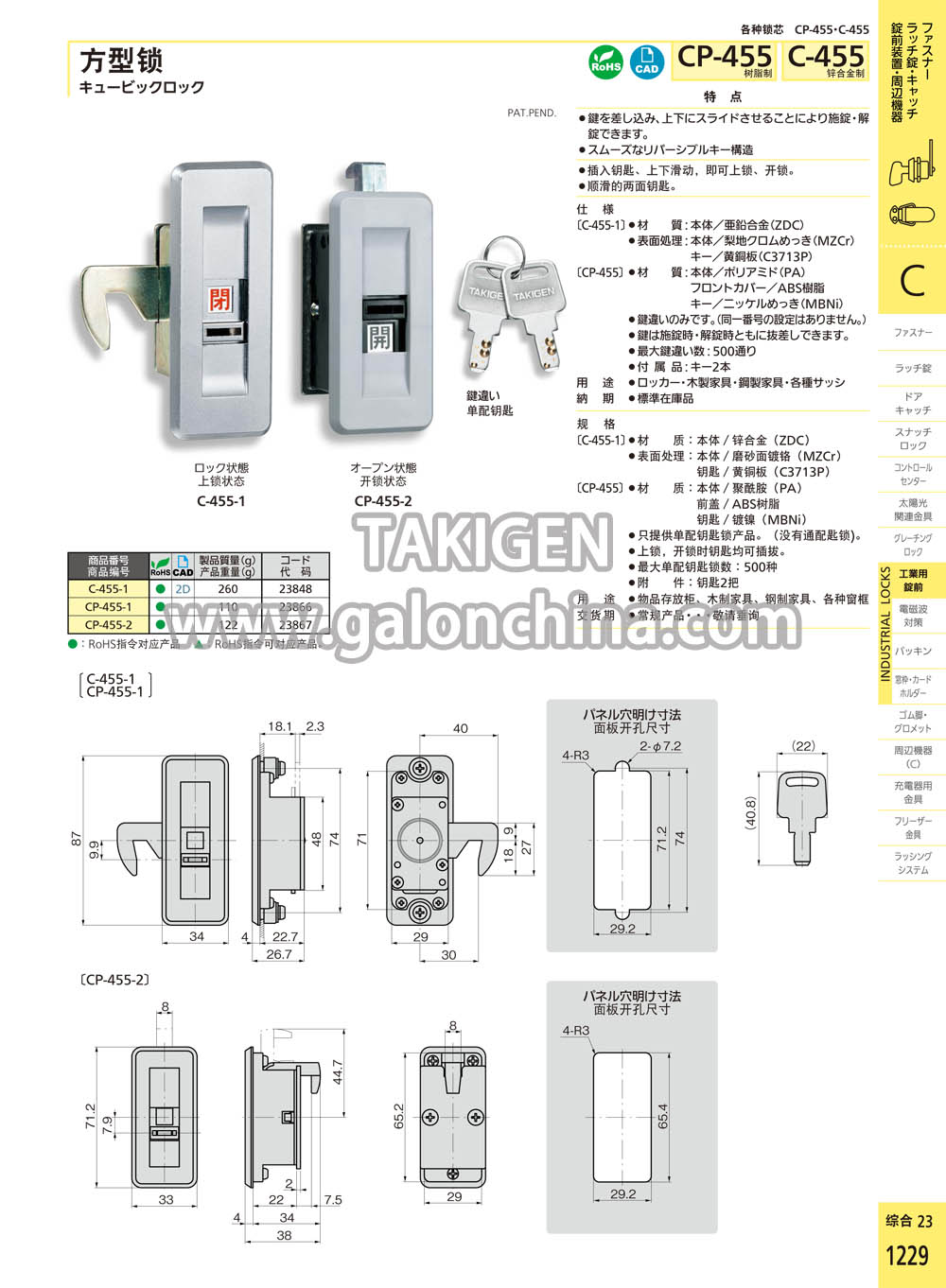 日本方型锁C-455-1_takigen官网