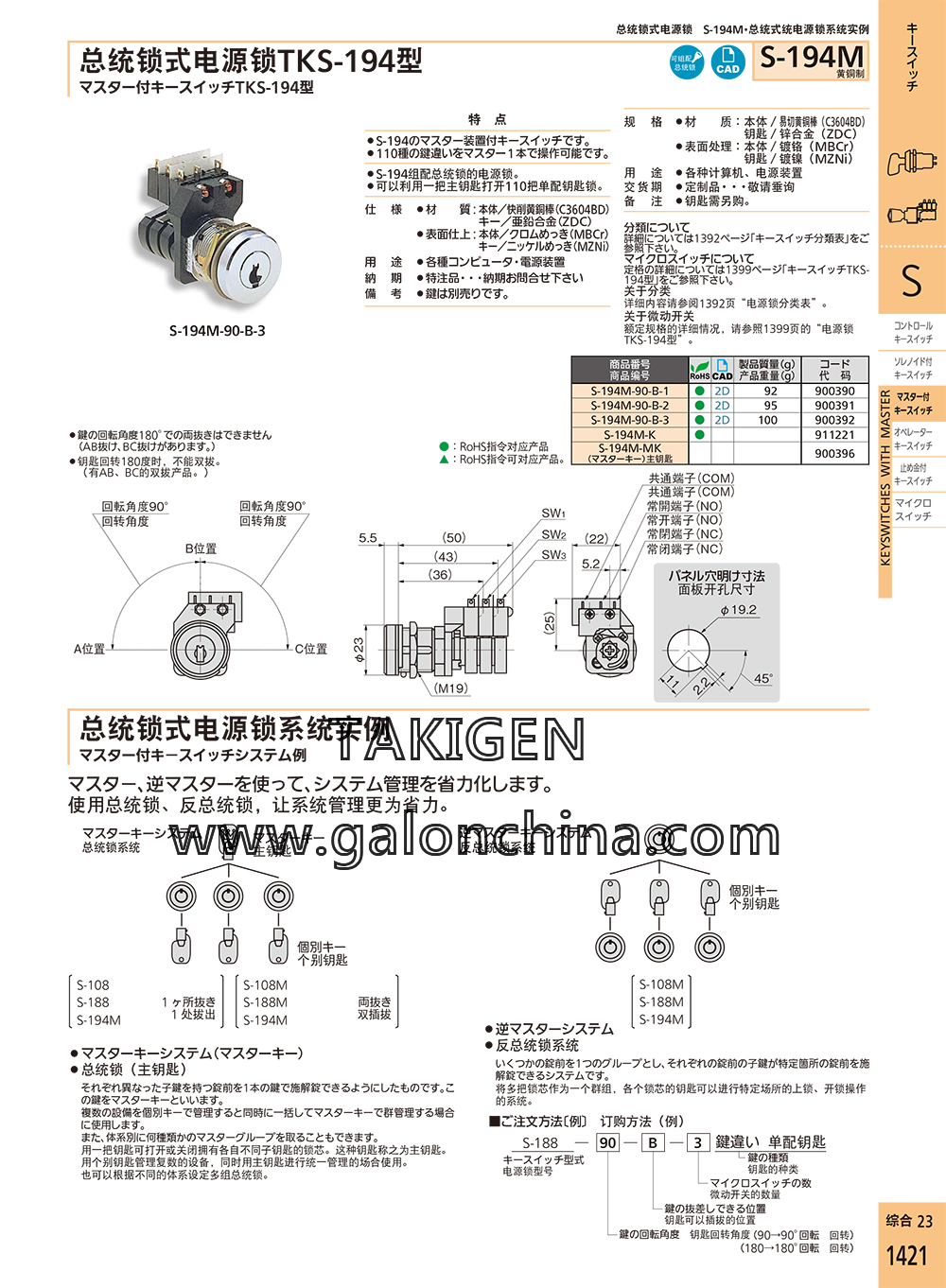 takigen S-194M-MK总统锁式电源锁的产品说明